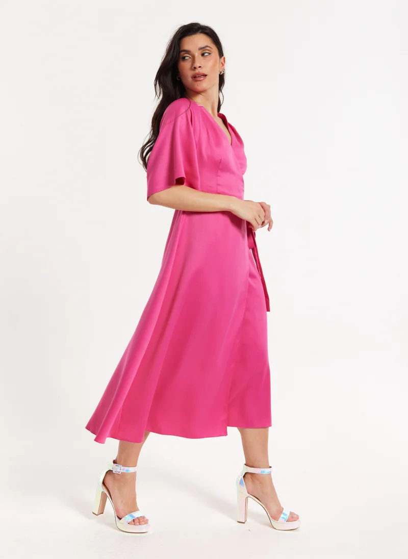 Liquorish  Pink Satin Kimono Sleeve Maxi Wrap Dress for Women | Best Price UAE