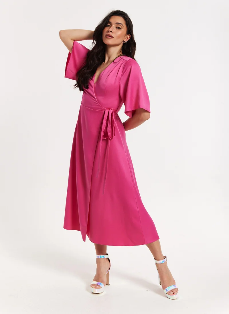 Liquorish  Pink Satin Kimono Sleeve Maxi Wrap Dress for Women | Best Price UAE