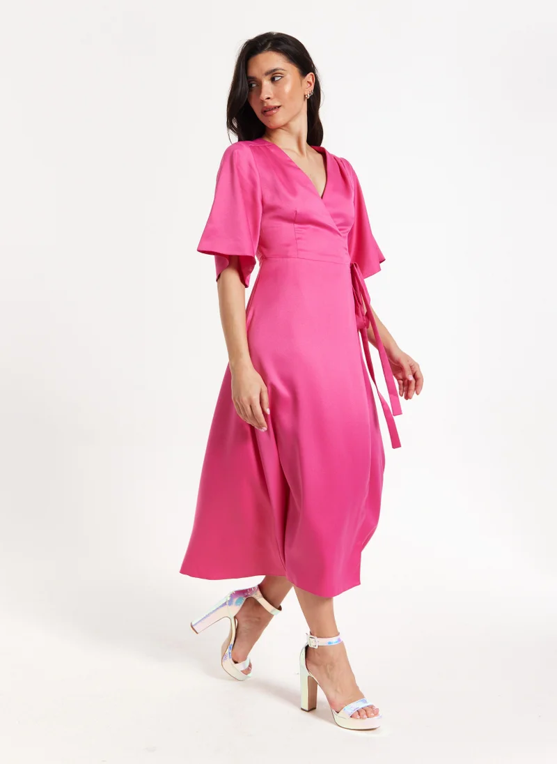 Liquorish  Pink Satin Kimono Sleeve Maxi Wrap Dress for Women | Best Price UAE