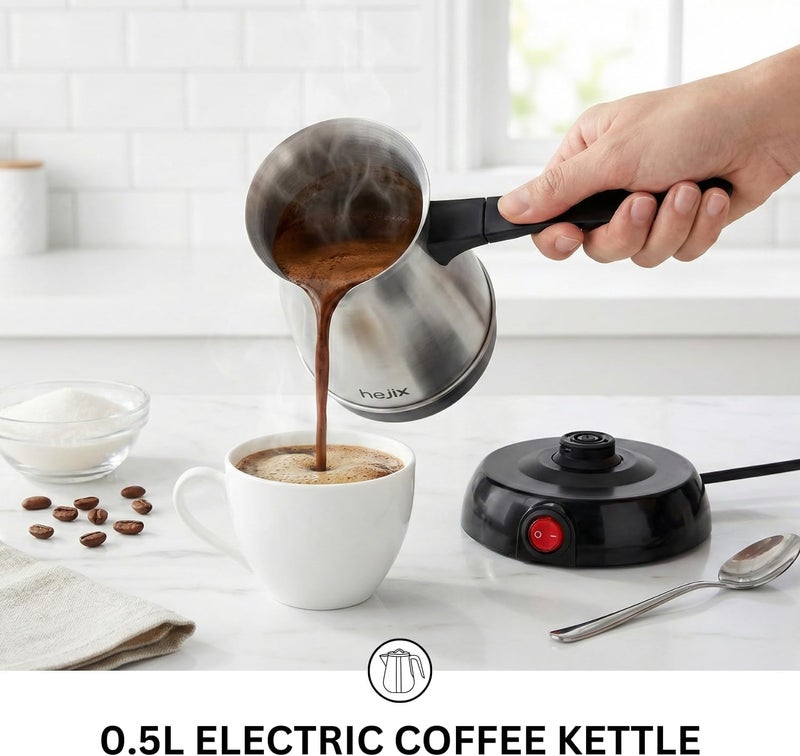 HEJIX Turkish Coffee Maker, 0.5L, 600W, Stainless Steel Body, 360° Rotating Base, Concealed Heating Element, Portable Electric Kettle, Fast Boil Electric Kettle with Indicator Light – HX404 - Image 2