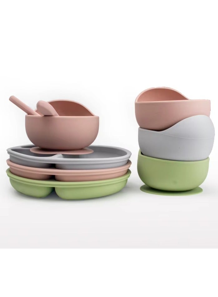 10 pieces Baby silicone feeding set/ Children's Cutlery & tableware set/ Portable, Travel friendly/ Non-toxic Food Grade Silicone/ Baby Feeding Set/ Safe & Reusable Utensils for toddlers and kids (10 Pieces/ Compartment Plate, Bowl, Short Fork & Spoon, Water Cup, Bib, Long Fork & Spoon, Fruit Feeder, toothbrush)/ Pink - Image 2