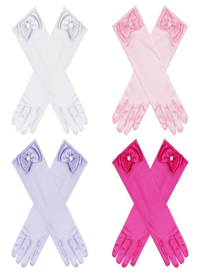 Yolyoo 4 Pairs Satin Princess Gloves for Girls,Pearl Long Stain Gloves for Halloween Dress Up Wedding Birthday and Tea Party - Image 1