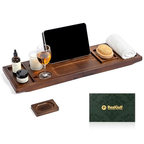 Realgulf Teak Bathtub Tray, Bath Caddy with Wine Glass Holder, Phone Dock & Book Stand | Hands-Free Reading & Ultimate Spa Relaxation Experience-Brown - Image 1