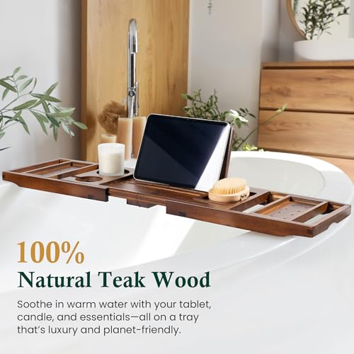 Realgulf Teak Bathtub Tray, Bath Caddy with Wine Glass Holder, Phone Dock & Book Stand | Hands-Free Reading & Ultimate Spa Relaxation Experience-Brown - Image 2