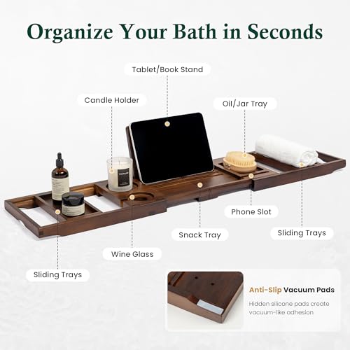Realgulf Teak Bathtub Tray, Bath Caddy with Wine Glass Holder, Phone Dock & Book Stand | Hands-Free Reading & Ultimate Spa Relaxation Experience-Brown - Image 3