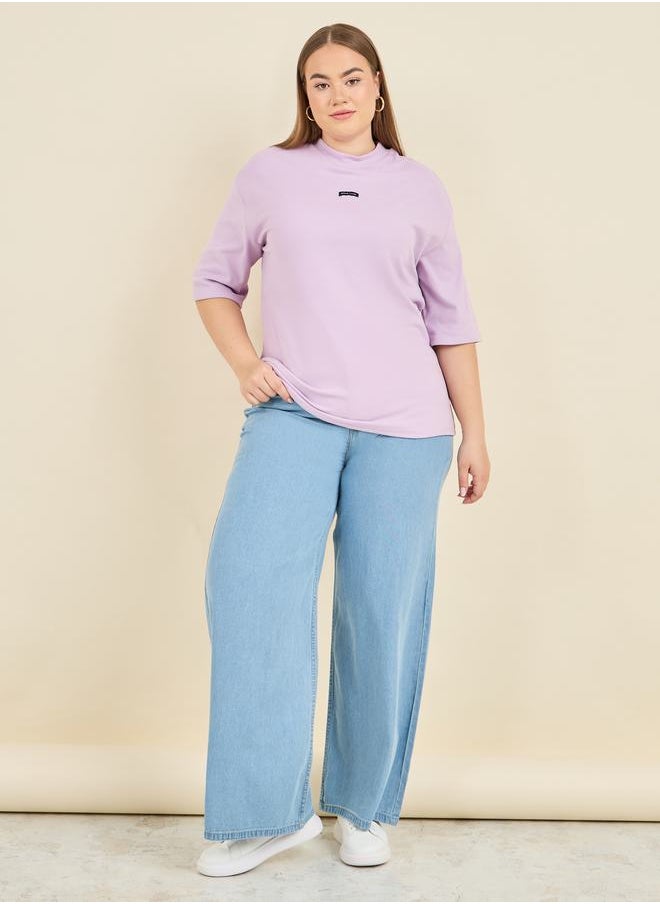 Styli - Plus Oversized High Neck Simple Living Print Longline T-shirt - Image 1