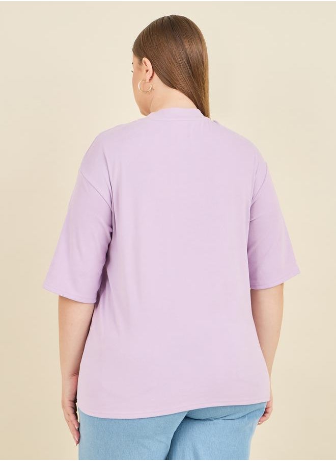 Styli - Plus Oversized High Neck Simple Living Print Longline T-shirt - Image 1