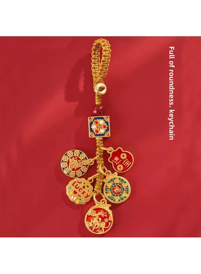 Daily Gold Keychain Pendant High-end Personality All The Way Safe Lucky Treasure Men's Bag Ornaments Mobile Phone Chain-Specifications:Round Full Mobile Phone Chain - Image 4
