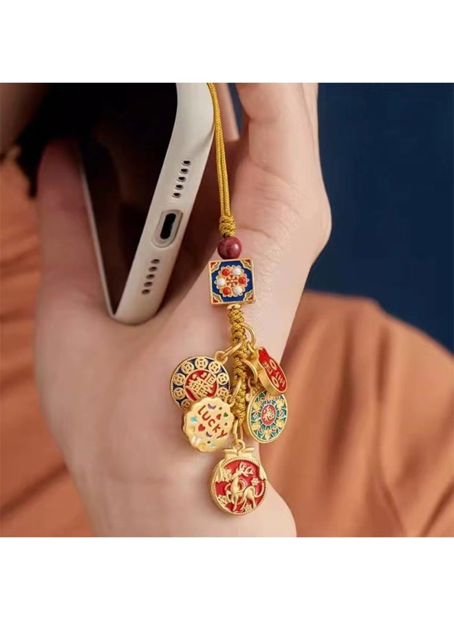 Daily Gold Keychain Pendant High-end Personality All The Way Safe Lucky Treasure Men's Bag Ornaments Mobile Phone Chain-Specifications:Round Full Mobile Phone Chain - Image 1