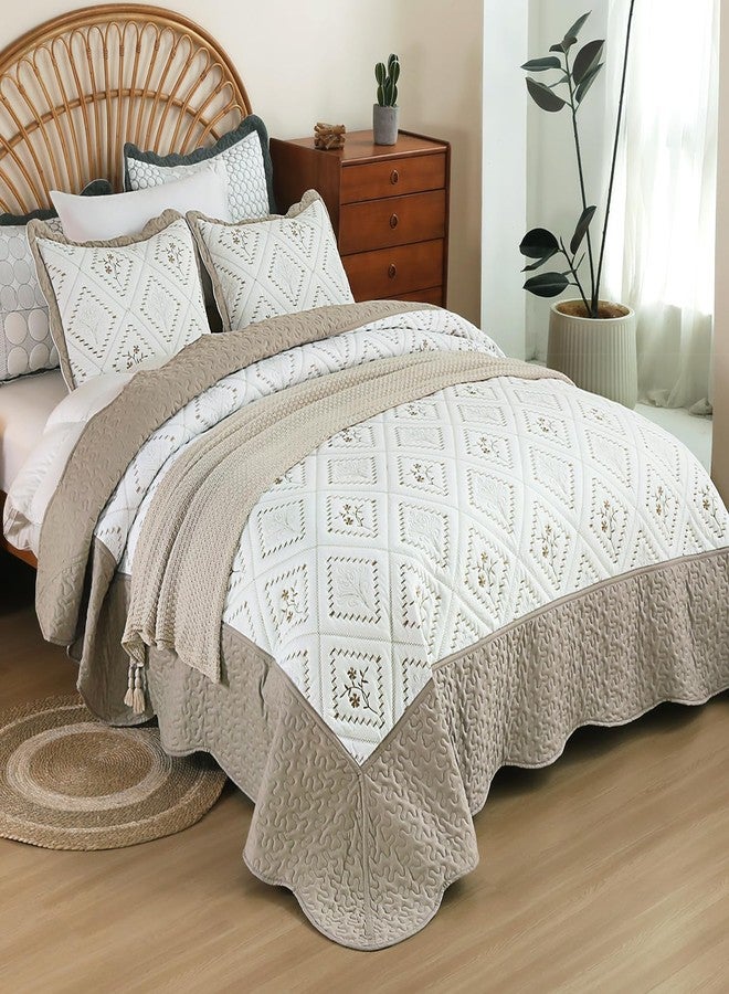Cmfshape Floral Embroidery Quilt Set,3 Pieces King Size Quilt Bedding Set,Classic Diamond Pattern Quilts,Ultra Soft Lightweight Reversible Bedspread Coverlets for All Season(Taupe,104"x90") - Image 3