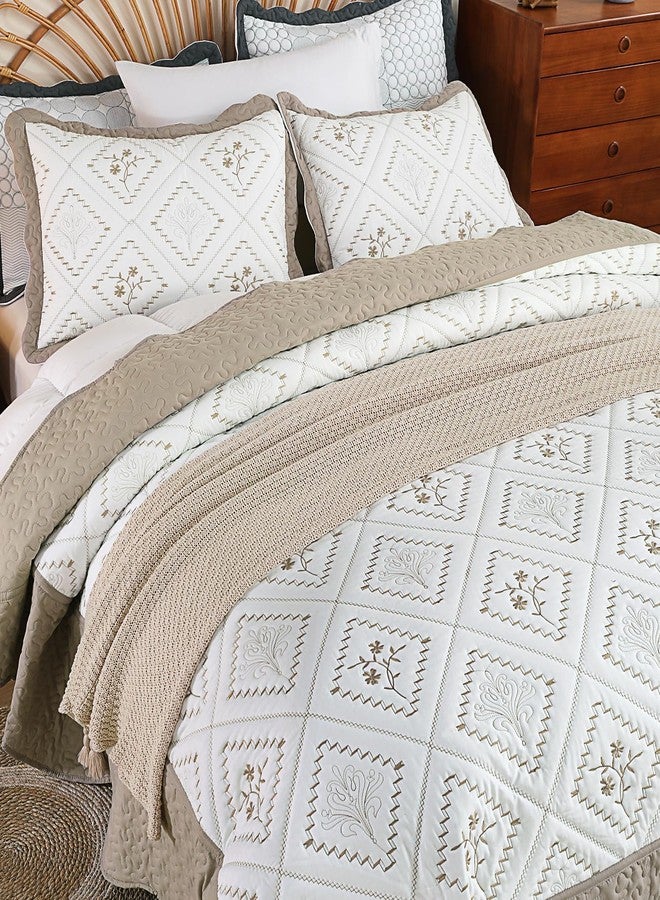 Cmfshape Floral Embroidery Quilt Set,3 Pieces King Size Quilt Bedding Set,Classic Diamond Pattern Quilts,Ultra Soft Lightweight Reversible Bedspread Coverlets for All Season(Taupe,104"x90") - Image 2