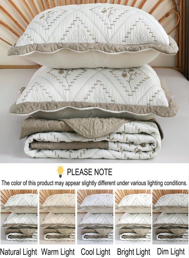 Cmfshape Floral Embroidery Quilt Set,3 Pieces King Size Quilt Bedding Set,Classic Diamond Pattern Quilts,Ultra Soft Lightweight Reversible Bedspread Coverlets for All Season(Taupe,104"x90") - Image 5