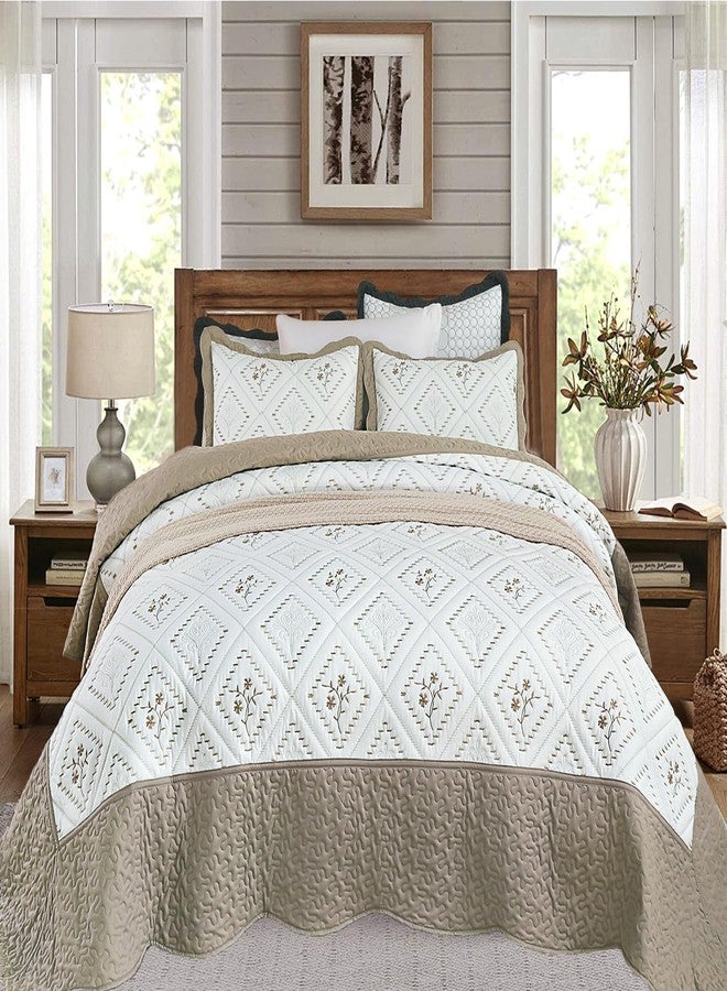 Cmfshape Floral Embroidery Quilt Set,3 Pieces King Size Quilt Bedding Set,Classic Diamond Pattern Quilts,Ultra Soft Lightweight Reversible Bedspread Coverlets for All Season(Taupe,104"x90") - Image 1
