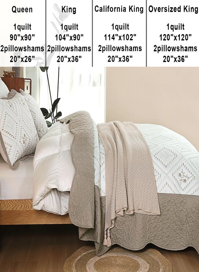 Cmfshape Floral Embroidery Quilt Set,3 Pieces King Size Quilt Bedding Set,Classic Diamond Pattern Quilts,Ultra Soft Lightweight Reversible Bedspread Coverlets for All Season(Taupe,104"x90") - Image 4
