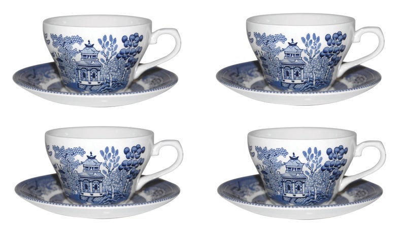 Churchill Blue Wollow 4 Teacup and 4 Saucer Set Made in England