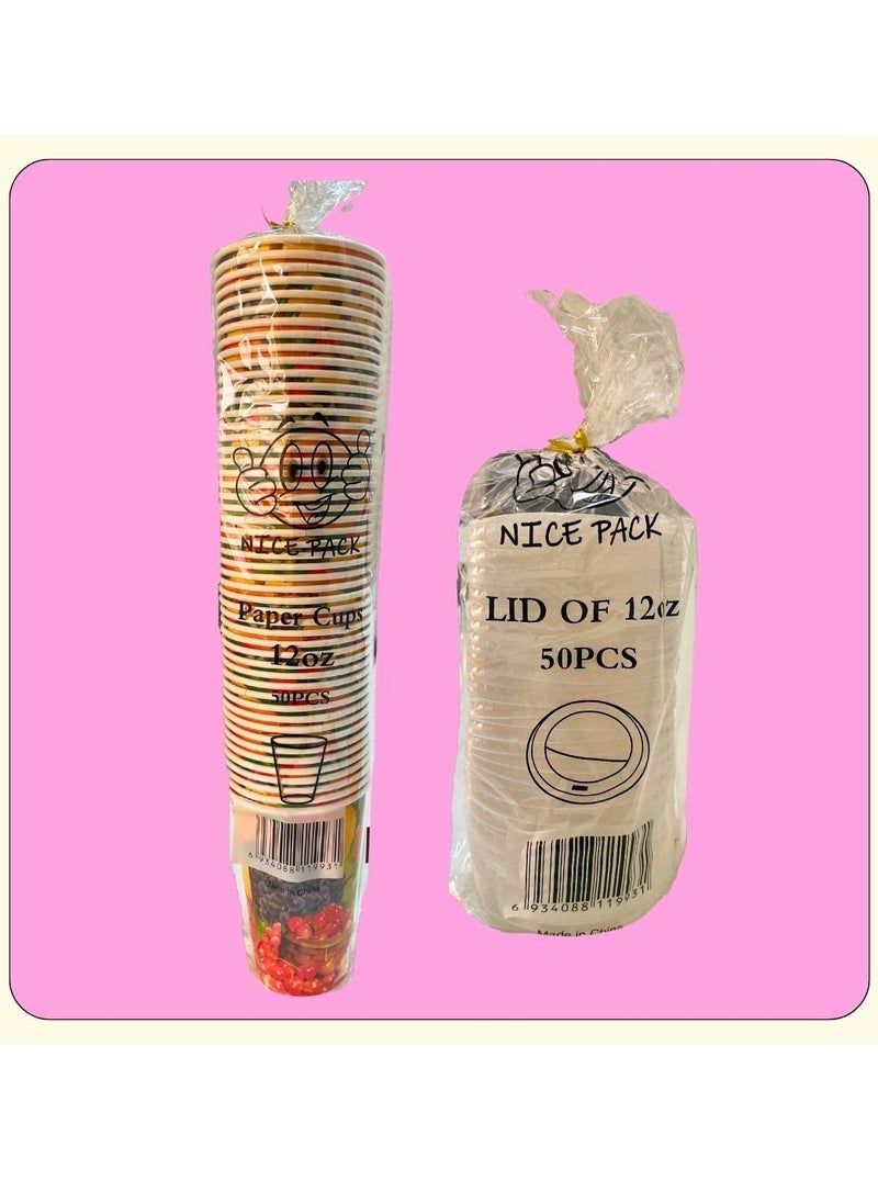 Nice Pack 50-Pieces 12oz Printed Paper Juice Cups with Lids  - Image 2