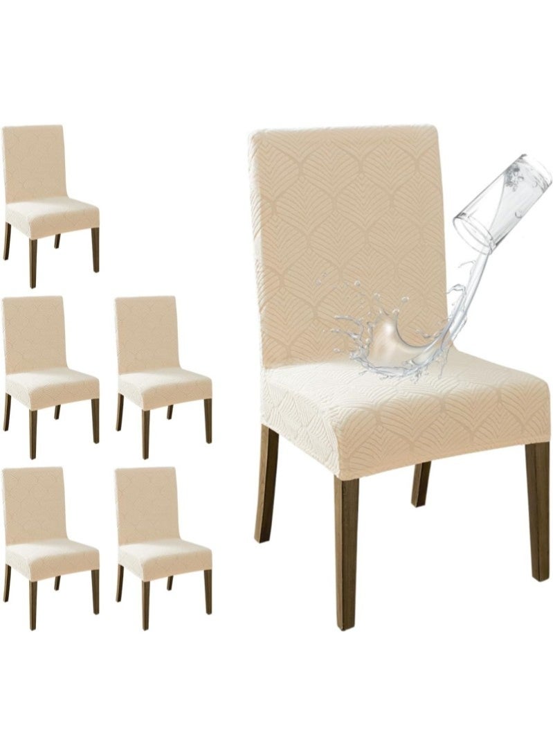 6 PCS Stretch Waterproof Dining Chair Covers, Removable Washable High Back Chair Protector for Kitchen, Hotel, Restaurant, Banquet (Little leaf Beige) - Image 1