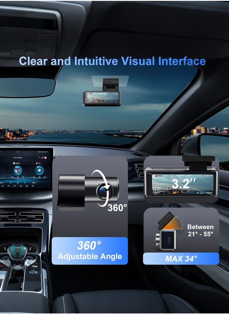 Dash Cam Front and Rear,4K UHD Dual Dash Camera for Cars,Built-in 5G WiFi GPS,128GB Card,170°Wide Angle,Car Camera with 3.2" Screen,Night Vision,App Control,Loop Rarking Modeecording,HDR,24H P