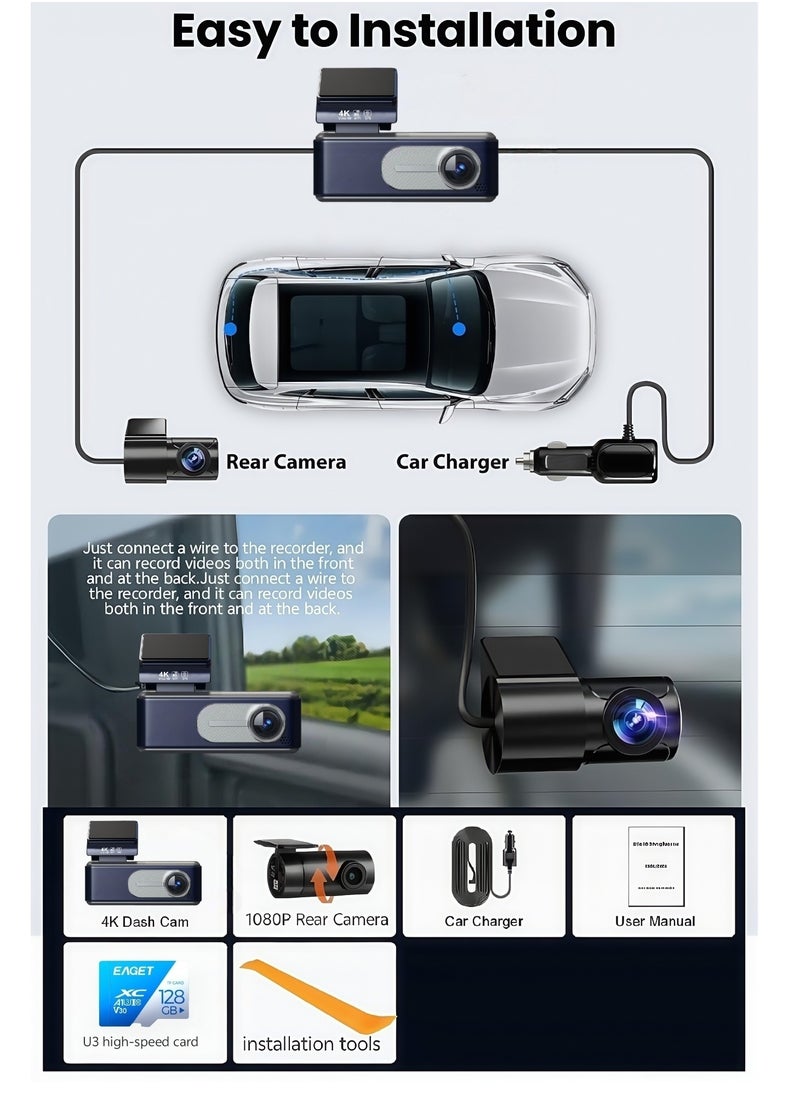 Dash Cam Front and Rear,4K UHD Dual Dash Camera for Cars,Built-in 5G WiFi GPS,128GB Card,170°Wide Angle,Car Camera with 3.2" Screen,Night Vision,App Control,Loop Rarking Modeecording,HDR,24H P