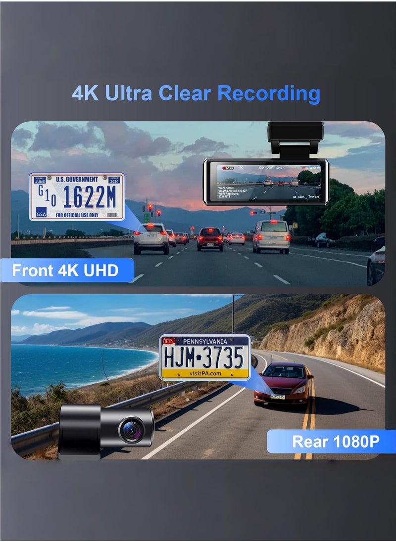 Dash Cam Front and Rear,4K UHD Dual Dash Camera for Cars,Built-in 5G WiFi GPS,128GB Card,170°Wide Angle,Car Camera with 3.2" Screen,Night Vision,App Control,Loop Rarking Modeecording,HDR,24H P