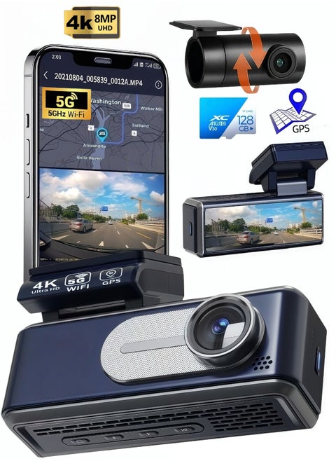 Dash Cam Front and Rear,4K UHD Dual Dash Camera for Cars,Built-in 5G WiFi GPS,128GB Card,170°Wide Angle,Car Camera with 3.2" Screen,Night Vision,App Control,Loop Rarking Modeecording,HDR,24H P