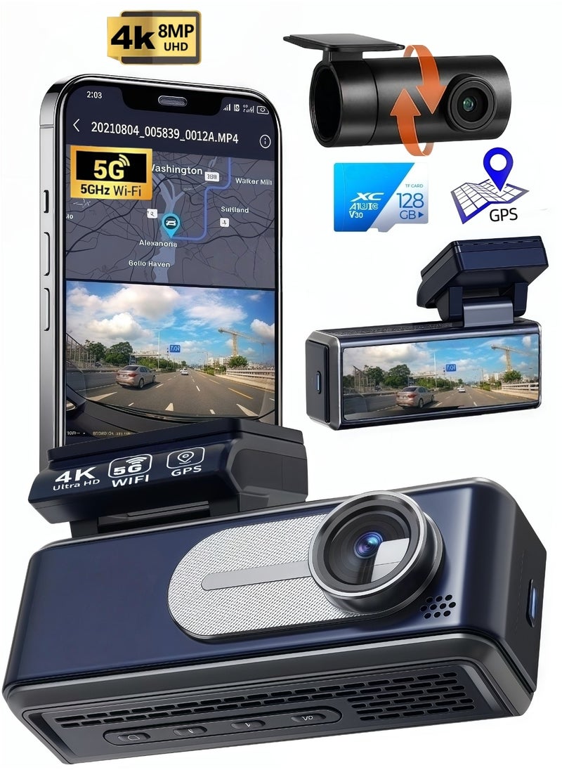 Dash Cam Front and Rear,4K UHD Dual Dash Camera for Cars,Built-in 5G WiFi GPS,128GB Card,170°Wide Angle,Car Camera with 3.2" Screen,Night Vision,App Control,Loop Rarking Modeecording,HDR,24H P
