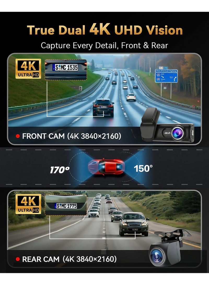 4k+4K Dash Cam Front and Rear, 3.2" IPS Screen, Built-in GPS 5G WiFi Dash Camera for Cars with App, UHD 2160P Night Vision Free 64GB SD Card, 170° Wide Angle, HDR, 24H Parking Mode - Image 2