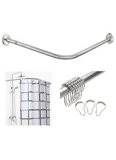 Rubik Shower Curtain Rod L Shape with 12pcs Curtain Hooks Rings- Tension Rod Adjustable Extendable Ends No Drill Adhesive Based Holders (60-80cm & 80-120cm)  - Image 1
