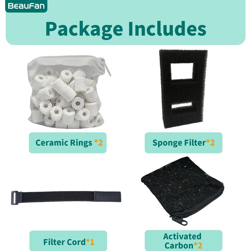 beaufan 2 Set Aquarium Filter Media Compatible with Fluval SPEC, EVO, Betta and Flex Desktop Aquarium Series, Includes 2 Carbon Filter Refills, 2 Foam Filter A1376, 2 Ceramic Rings & 1 Filter Cord - Image 3