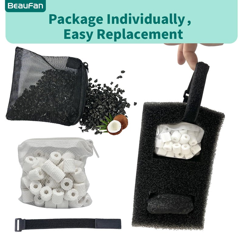 beaufan 2 Set Aquarium Filter Media Compatible with Fluval SPEC, EVO, Betta and Flex Desktop Aquarium Series, Includes 2 Carbon Filter Refills, 2 Foam Filter A1376, 2 Ceramic Rings & 1 Filter Cord - Image 5