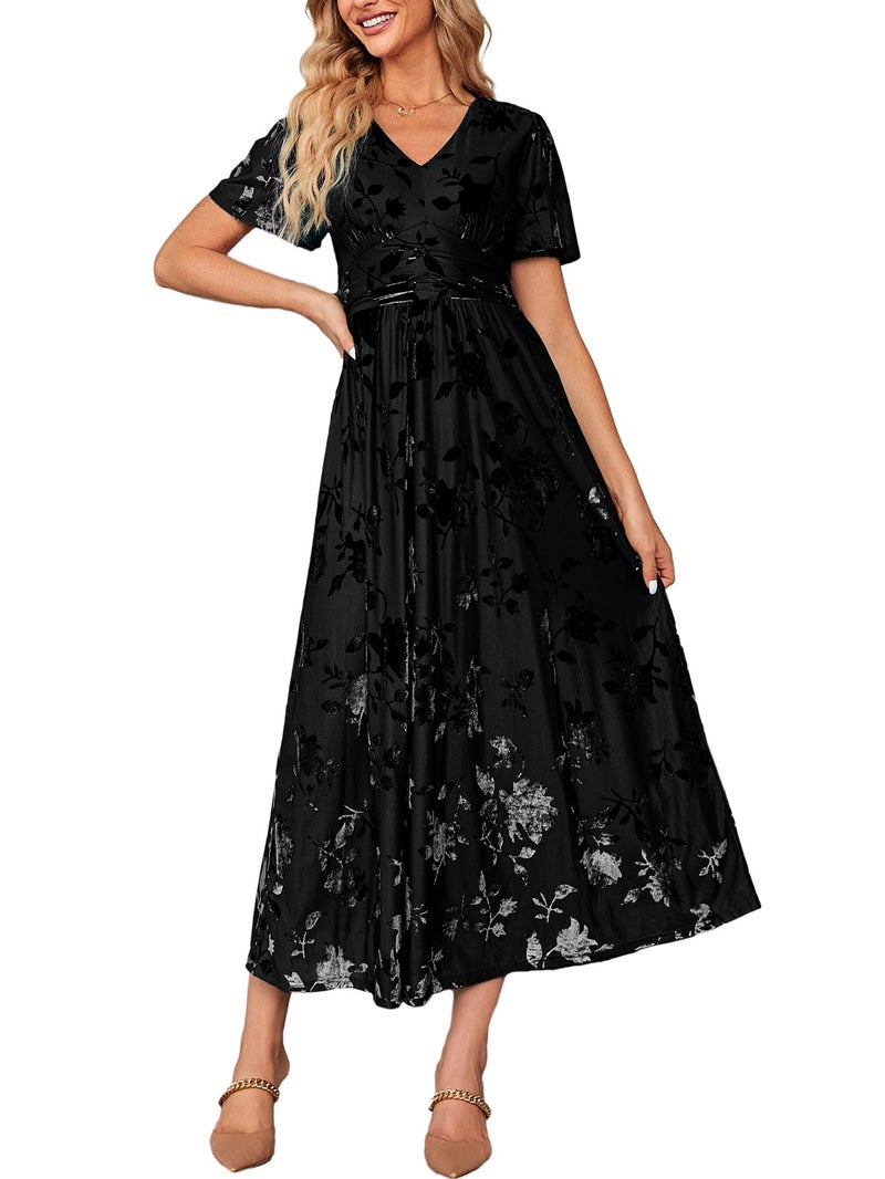 Simplee Apparel Simplee Womens Winter Formal Wedding Guest Velvet Maxi Dress Floral Elegant Party V Neck Short Sleeve Long Dress (Large Black) - Image 1