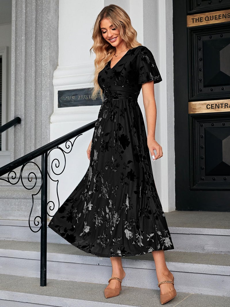 Simplee Apparel Simplee Womens Winter Formal Wedding Guest Velvet Maxi Dress Floral Elegant Party V Neck Short Sleeve Long Dress (Large Black) - Image 3