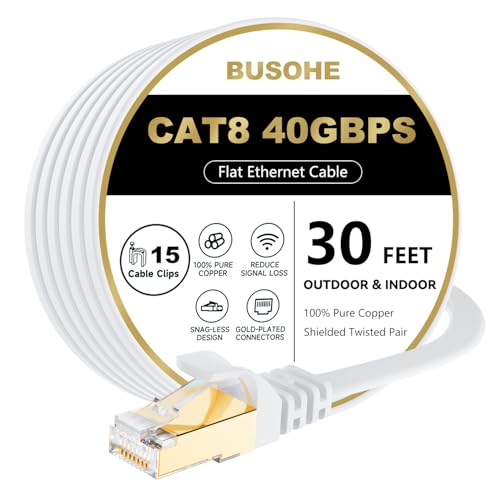 BUSOHE Cat 8 Ethernet Cable 30 FT, 40Gbps 2000Mhz High Speed Flat Cat8 Cable Patch Cord with Gold-Plated RJ45 Connector, LAN Network Internet Cable with 15 Clips for Router/Gaming/Computer, S/FTP - Image 1