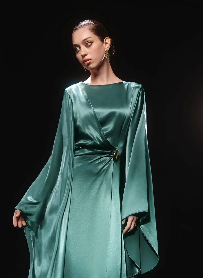 Lichi  Satin maxi dress with asymmetrical sleeves for Women | Best Price UAE