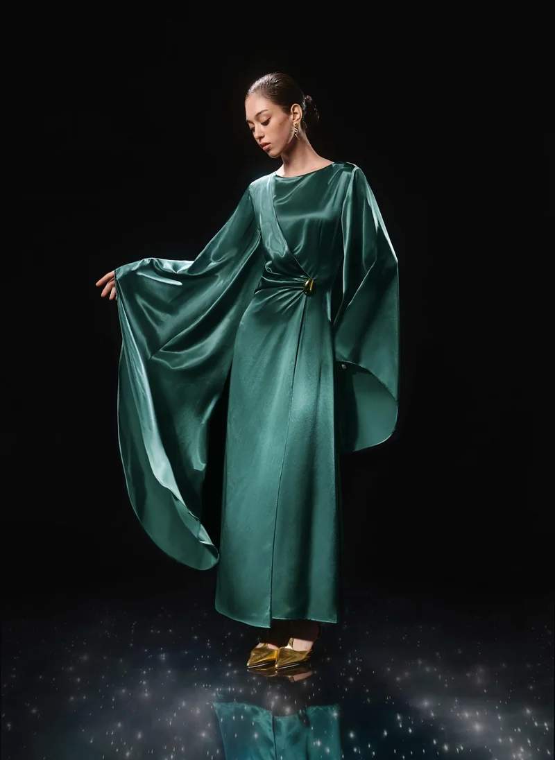 Satin maxi dress with asymmetrical sleeves