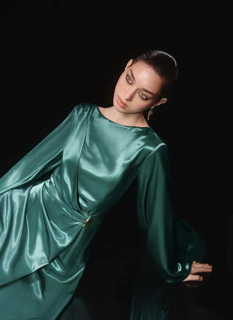 Lichi  Satin maxi dress with asymmetrical sleeves for Women | Best Price UAE