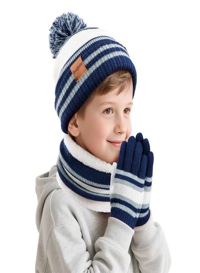 Bessteven Kids Winter Hat Gloves Scarf: Boys Beanie Hats Gloves Set, Navy Blue, One Size - Image 1
