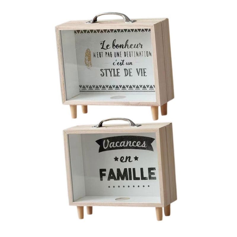 Wood Frame Piggy Bank Set 2pcs Square Decorative Money Saving Jar With Coin Slot For Home Office - Image 2