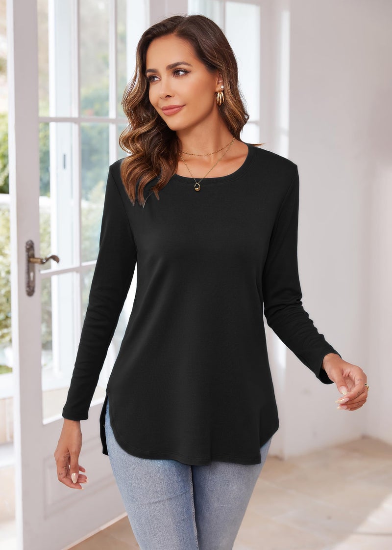 Herou Women Casual Long Sleeve Crew Neck Loose Side Split Tunic Sweater Tops T Shirt Black Small - Image 3