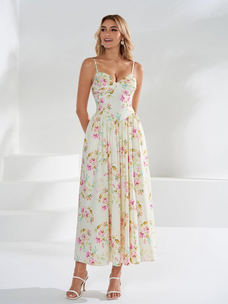 EYNMIN Women's Floral Midi Corset Dresses Flowy Spaghetti Strap Smocked 2026 Summer Spring Wedding Guest Dress with Pocket - Image 2
