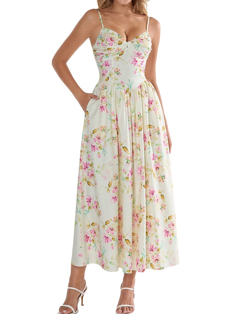 EYNMIN Women's Floral Midi Corset Dresses Flowy Spaghetti Strap Smocked 2026 Summer Spring Wedding Guest Dress with Pocket - Image 1