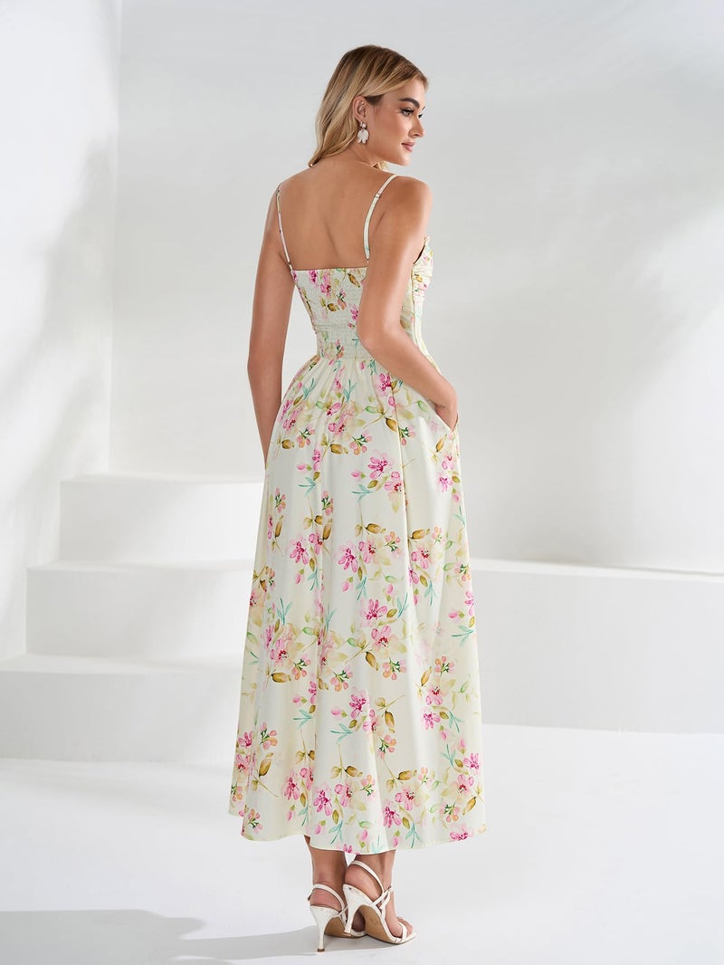 EYNMIN Women's Floral Midi Corset Dresses Flowy Spaghetti Strap Smocked 2026 Summer Spring Wedding Guest Dress with Pocket - Image 3