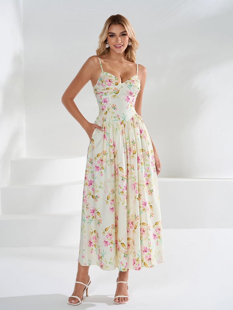 EYNMIN Women's Floral Midi Corset Dresses Flowy Spaghetti Strap Smocked 2026 Summer Spring Wedding Guest Dress with Pocket - Image 5