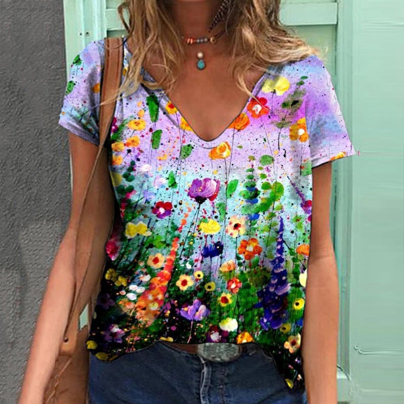 2022 Summer Cross-Border Supply of 3D Digital Printed Short-Sleeved V Neck Women's Loose-Fitting Women's T-Shirts - Image 1