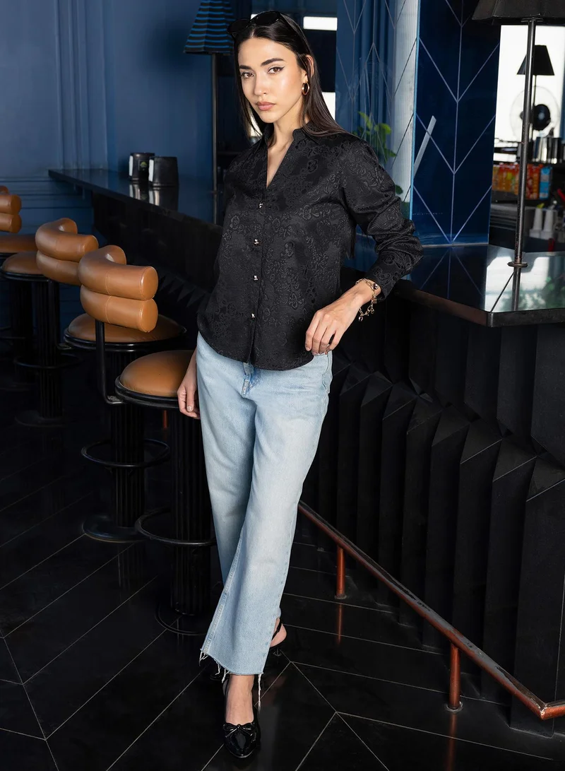 Pinacolada  Women's Black Self Design Oversized Shirt For Casual Wear | V-Neck | Long Sleeve | Button Closure | Shirt Crafted With Cotton Blend Comfort Fit For Everyday Wear for Women | Best Price UAE