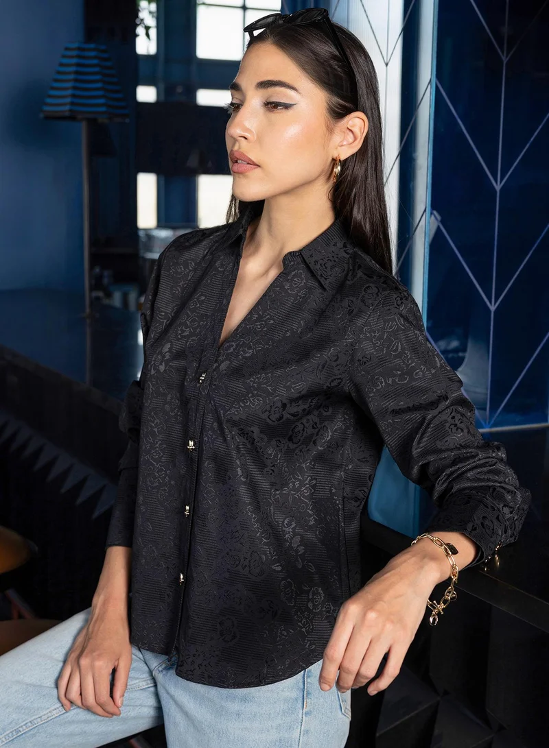 Pinacolada Women's Black Self Design Oversized Shirt For Casual Wear | V-Neck | Long Sleeve | Button Closure | Shirt Crafted With Cotton Blend Comfort Fit For Everyday Wear