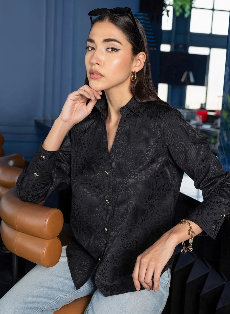 Pinacolada  Women's Black Self Design Oversized Shirt For Casual Wear | V-Neck | Long Sleeve | Button Closure | Shirt Crafted With Cotton Blend Comfort Fit For Everyday Wear for Women | Best Price UAE
