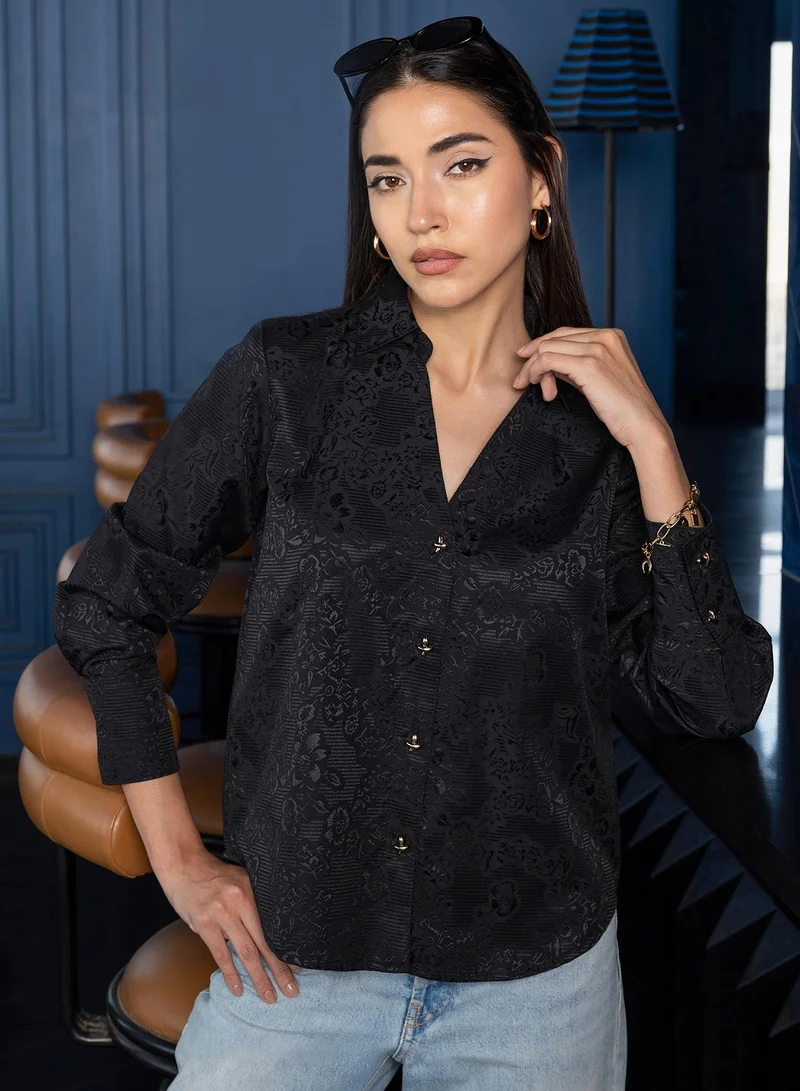 Pinacolada Women's Black Self Design Oversized Shirt For Casual Wear | V-Neck | Long Sleeve | Button Closure | Shirt Crafted With Cotton Blend Comfort Fit For Everyday Wear