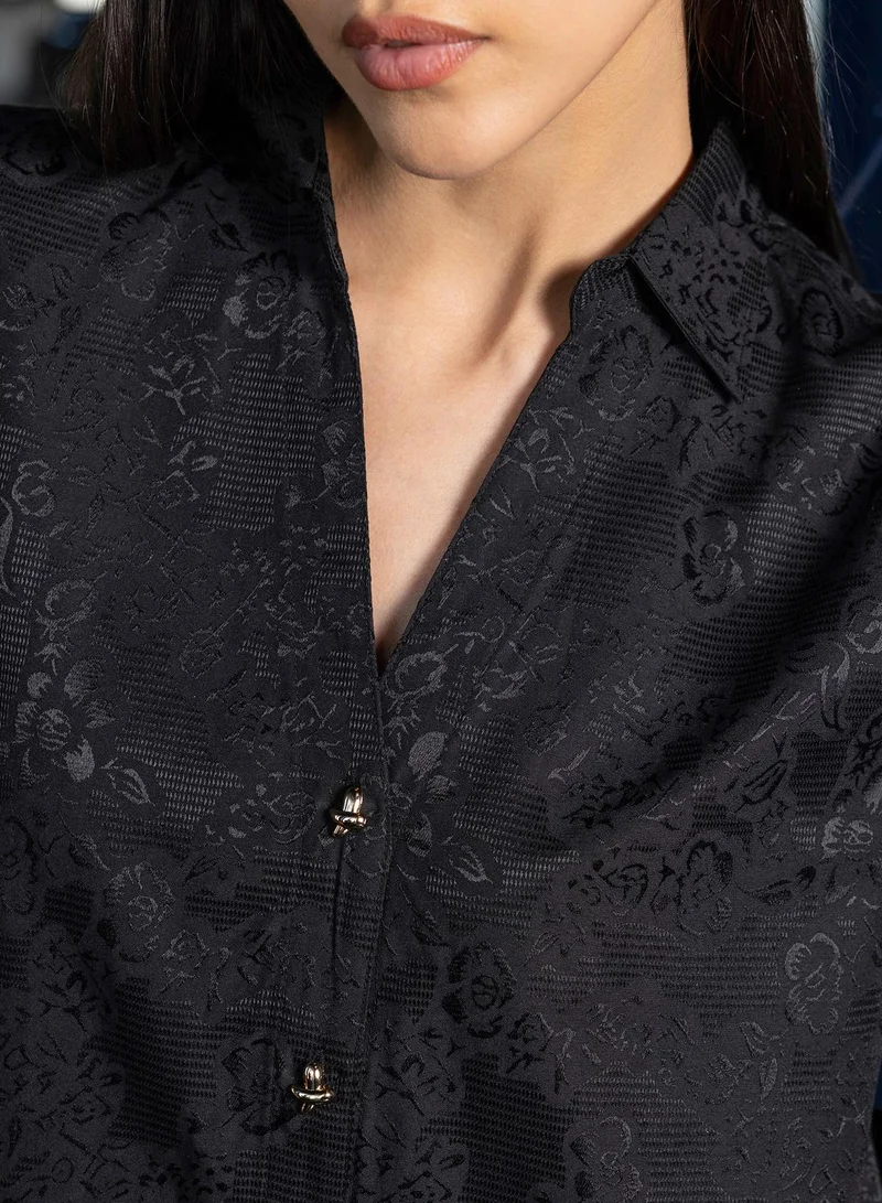 Pinacolada  Women's Black Self Design Oversized Shirt For Casual Wear | V-Neck | Long Sleeve | Button Closure | Shirt Crafted With Cotton Blend Comfort Fit For Everyday Wear for Women | Best Price UAE