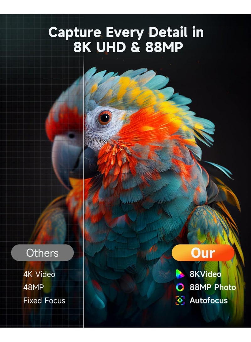 8K Digital Cameras for Photography, Autofocus Anti-Shake,88MP WiFi Vlogging Camera for YouTube with Selfie Lens, Professional Video Camera with Flash, Touch Screen, Lens Hood, 64GB Card, 2 Batteries - view 2